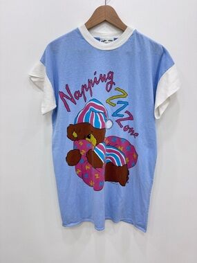 Vintage Night Star Sleep Shirt Womens One Size Pink Blue Bear Napping  80s
